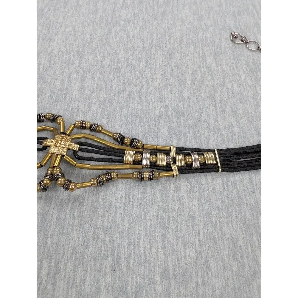 Vintage Belt Black Cord Beaded Geometric Art Deco Gold Silver Tone Western Boho